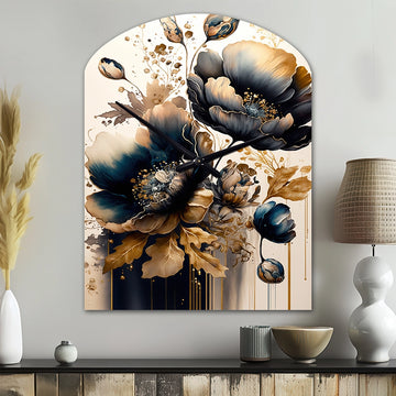 Navy Blue And Gold Poppy Flowers IV - Asymmetric Metal Wall Clock